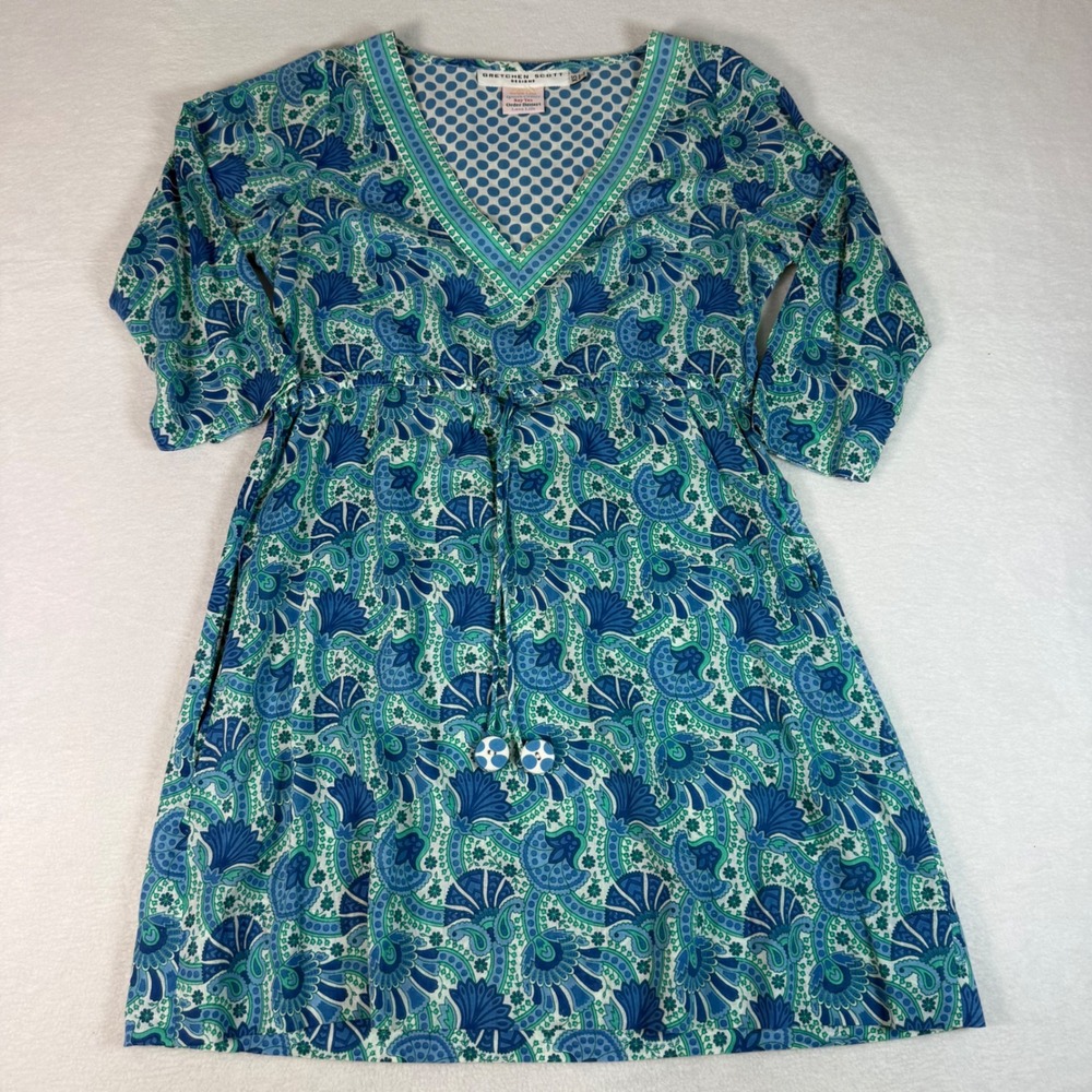 Gretchen Scott Paisley Tunic Dress XS Blue Green Cotton Boho Coastal Pocket